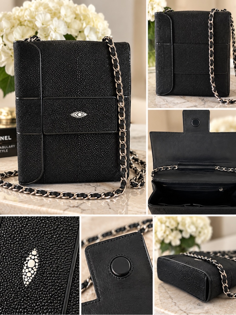 Textured Black Shoulder Bag with Chain Strap